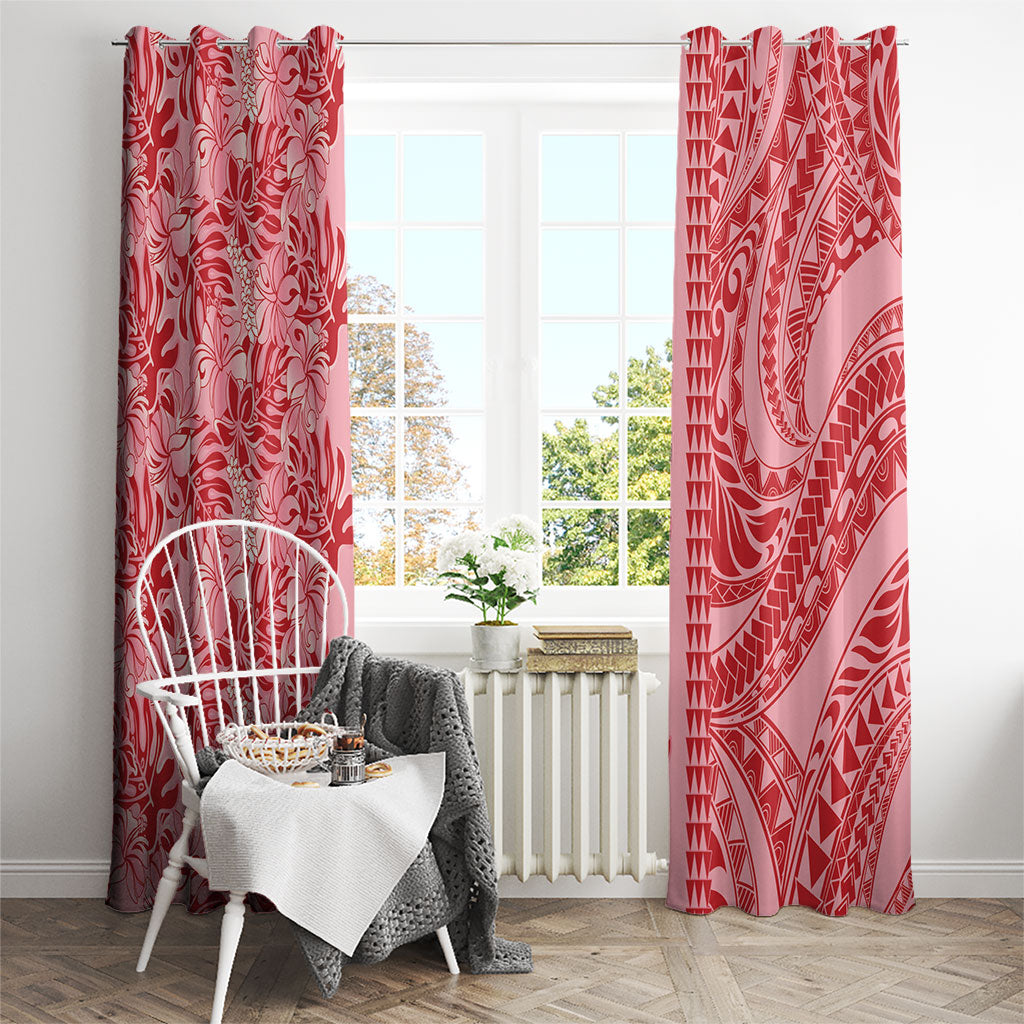 Red Hibiscus Monstera Seamless Kakau Hawaii Window Curtain
