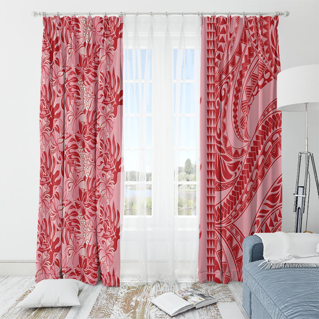 Red Hibiscus Monstera Seamless Kakau Hawaii Window Curtain