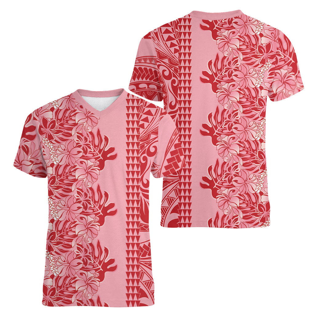 Red Hibiscus Monstera Seamless Kakau Hawaii Women V-Neck T-Shirt LT14 - Polynesian Pride