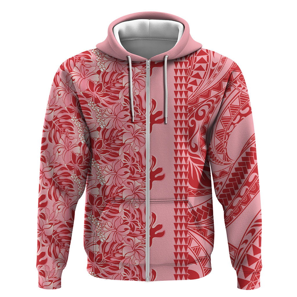 Red Hibiscus Monstera Seamless Kakau Hawaii Zip Hoodie