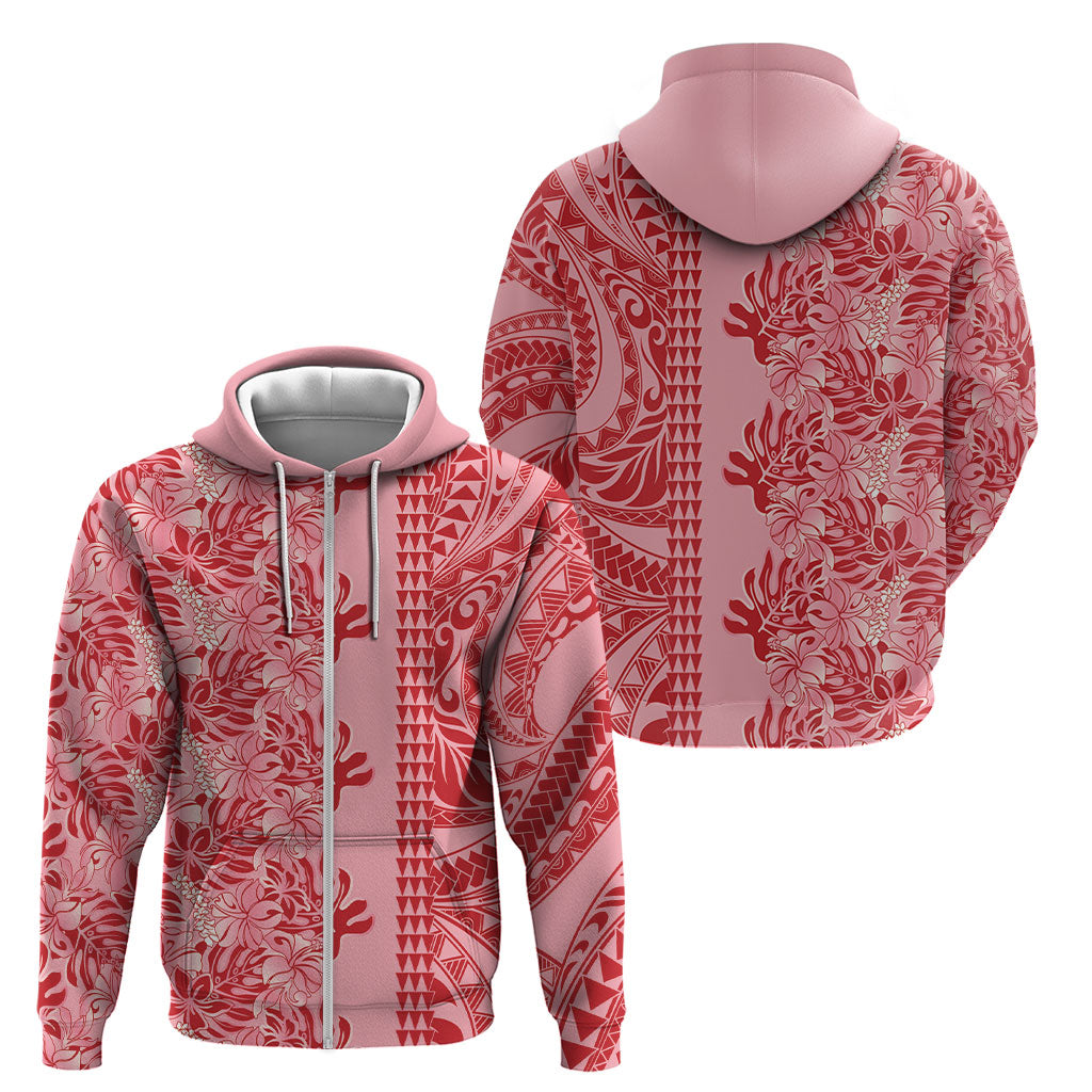 Red Hibiscus Monstera Seamless Kakau Hawaii Zip Hoodie