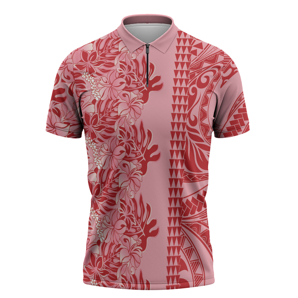 Red Hibiscus Monstera Seamless Kakau Hawaii Zipper Polo Shirt LT14 Red - Polynesian Pride