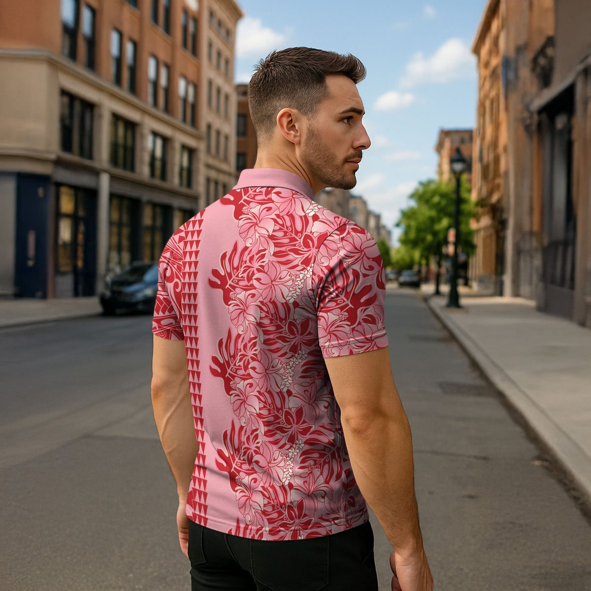 Red Hibiscus Monstera Seamless Kakau Hawaii Zipper Polo Shirt LT14 - Polynesian Pride