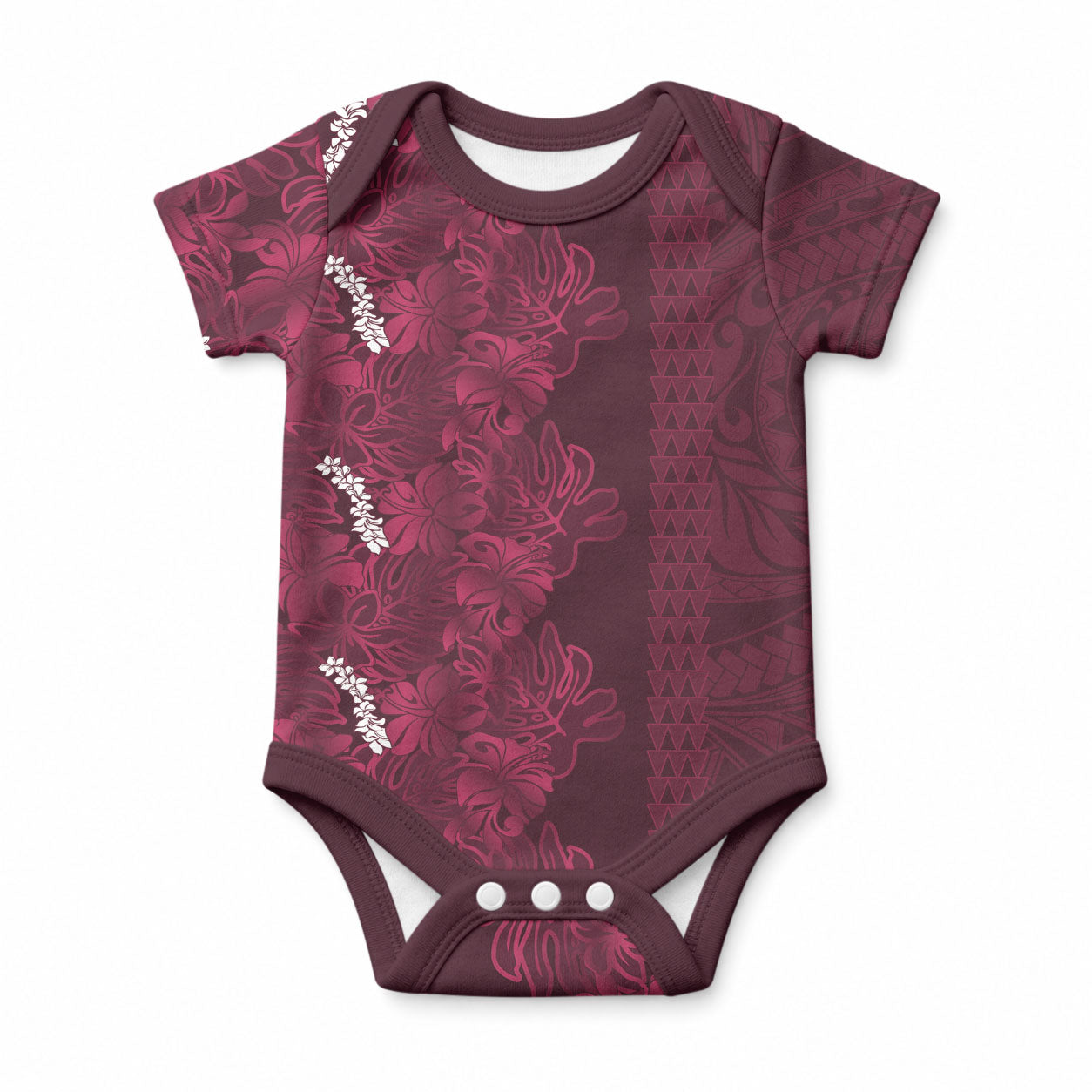 Burgundy Hibiscus Monstera Seamless Kakau Hawaii Baby Onesie