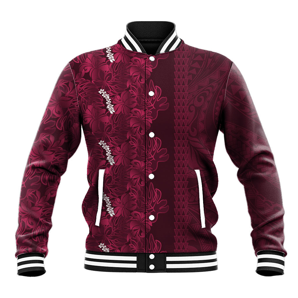 Burgundy Hibiscus Monstera Seamless Kakau Hawaii Baseball Jacket