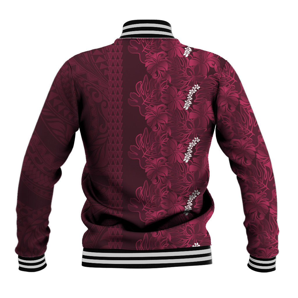 Burgundy Hibiscus Monstera Seamless Kakau Hawaii Baseball Jacket