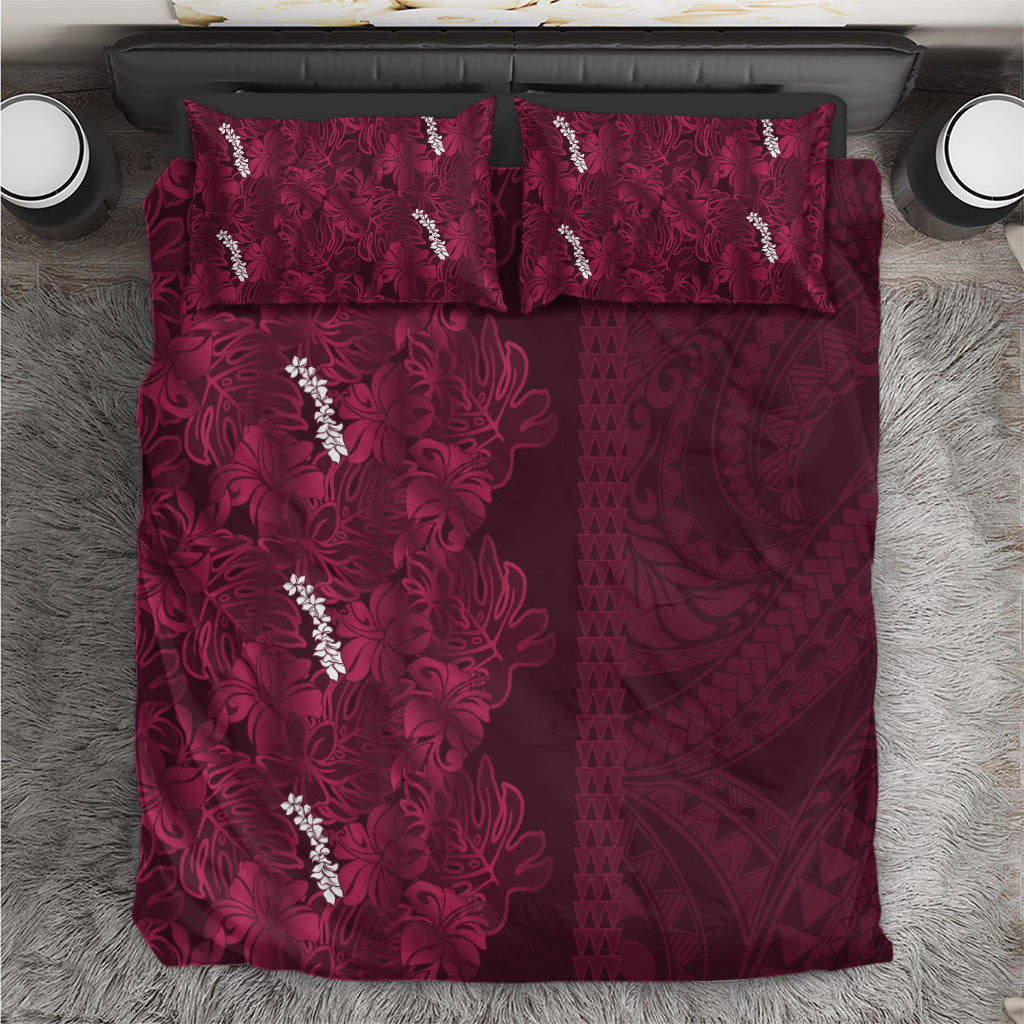 Burgundy Hibiscus Monstera Seamless Kakau Hawaii Bedding Set