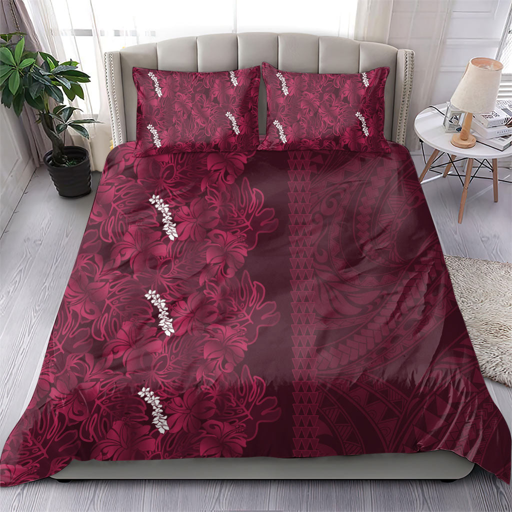 Burgundy Hibiscus Monstera Seamless Kakau Hawaii Bedding Set