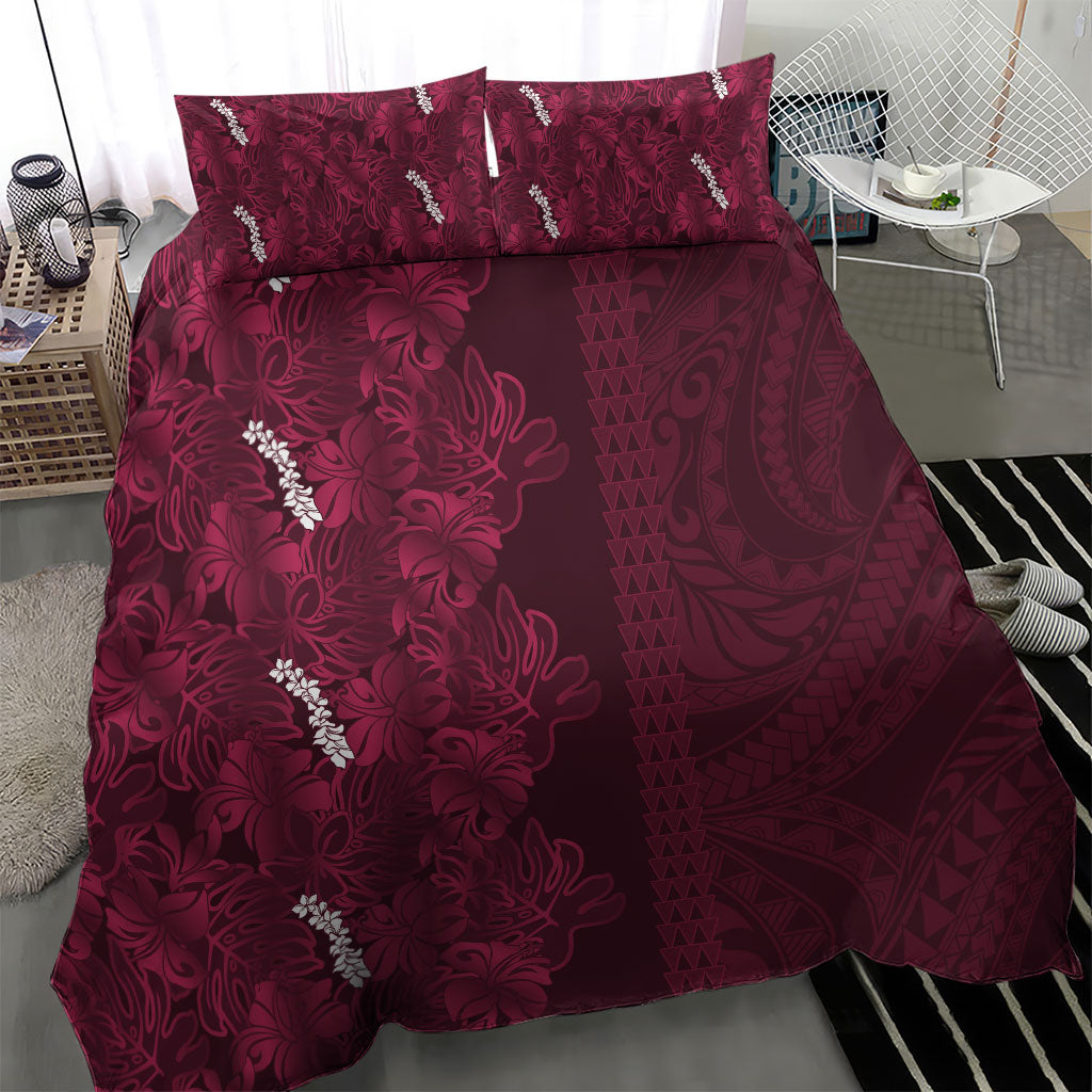 Burgundy Hibiscus Monstera Seamless Kakau Hawaii Bedding Set