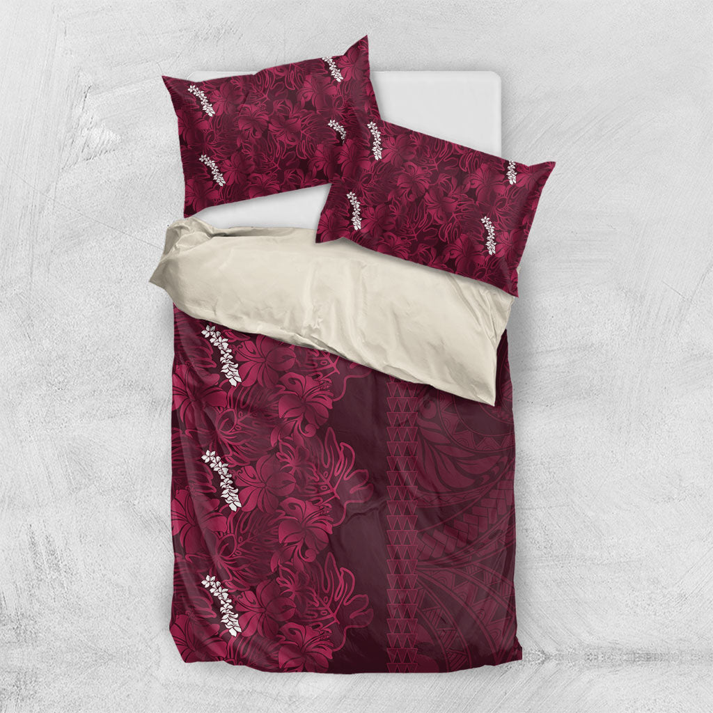 Burgundy Hibiscus Monstera Seamless Kakau Hawaii Bedding Set