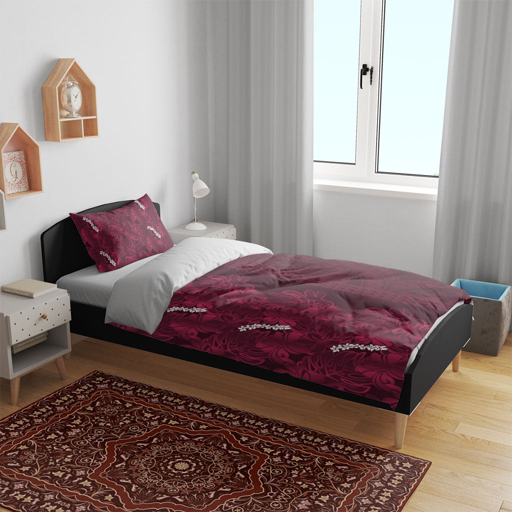 Burgundy Hibiscus Monstera Seamless Kakau Hawaii Bedding Set