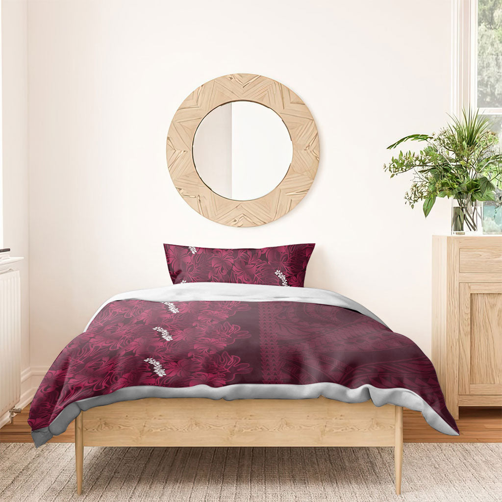Burgundy Hibiscus Monstera Seamless Kakau Hawaii Bedding Set