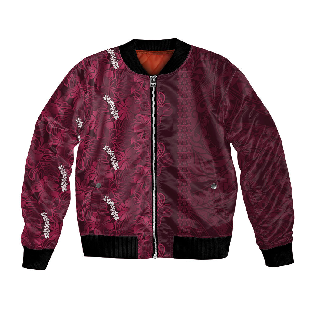 Burgundy Hibiscus Monstera Seamless Kakau Hawaii Bomber Jacket