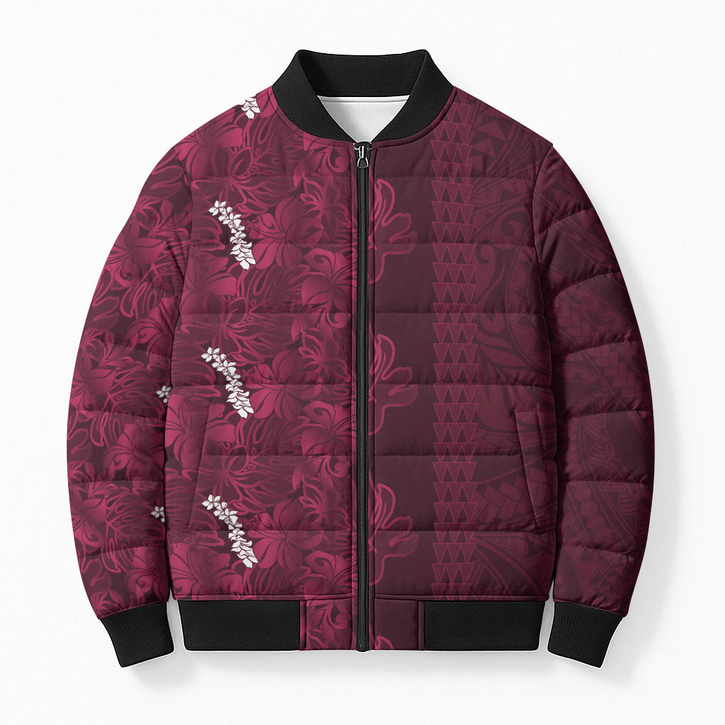 Burgundy Hibiscus Monstera Seamless Kakau Hawaii Bomber Puffer Jacket
