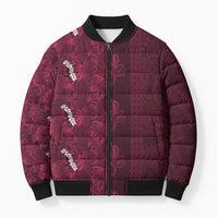 Burgundy Hibiscus Monstera Seamless Kakau Hawaii Bomber Puffer Jacket