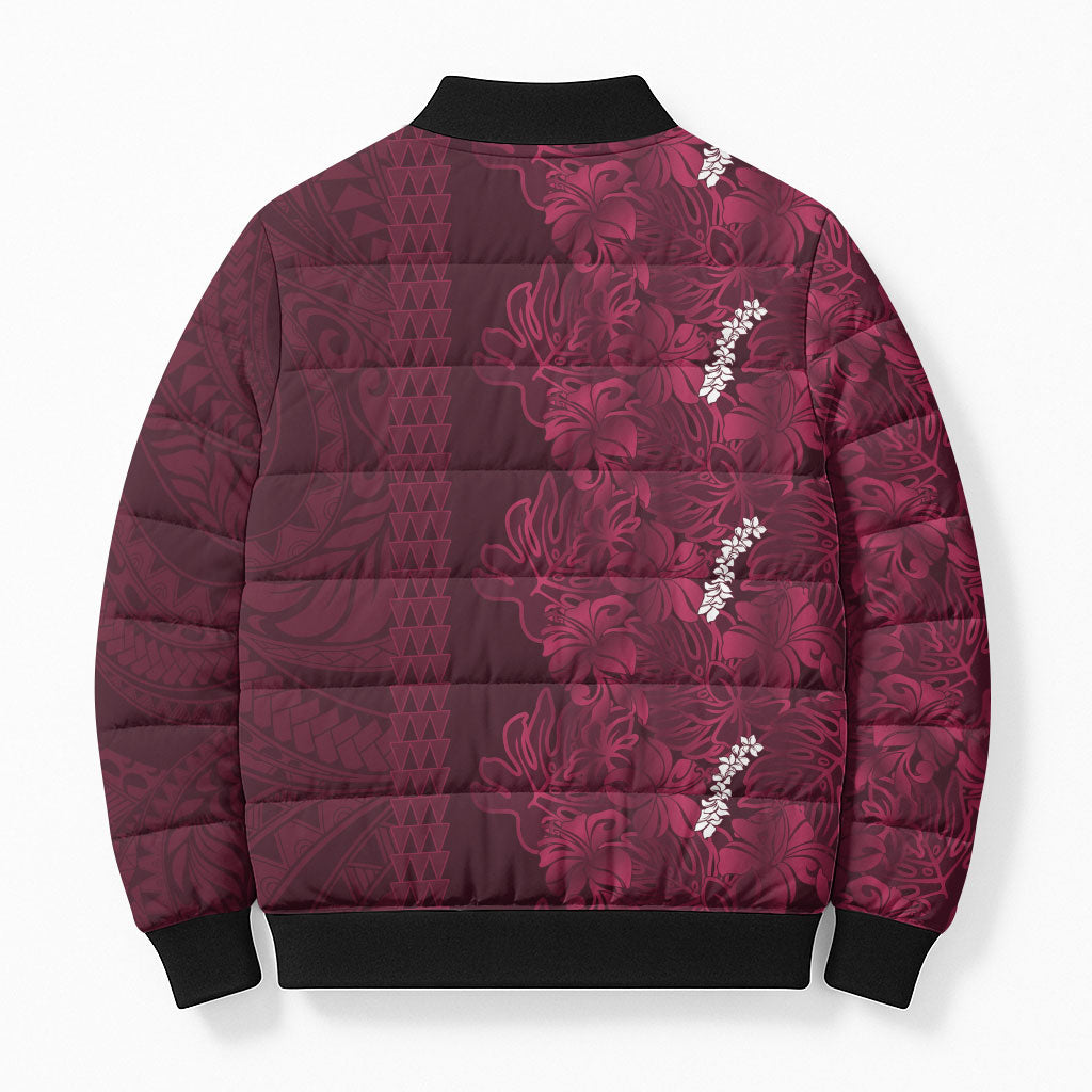 Burgundy Hibiscus Monstera Seamless Kakau Hawaii Bomber Puffer Jacket