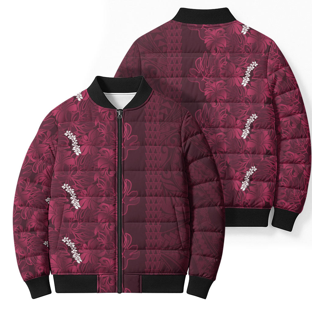 Burgundy Hibiscus Monstera Seamless Kakau Hawaii Bomber Puffer Jacket