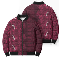 Burgundy Hibiscus Monstera Seamless Kakau Hawaii Bomber Puffer Jacket