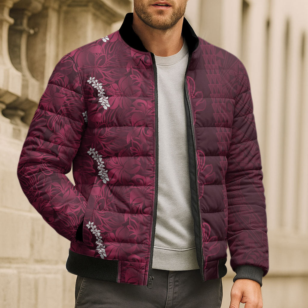 Burgundy Hibiscus Monstera Seamless Kakau Hawaii Bomber Puffer Jacket