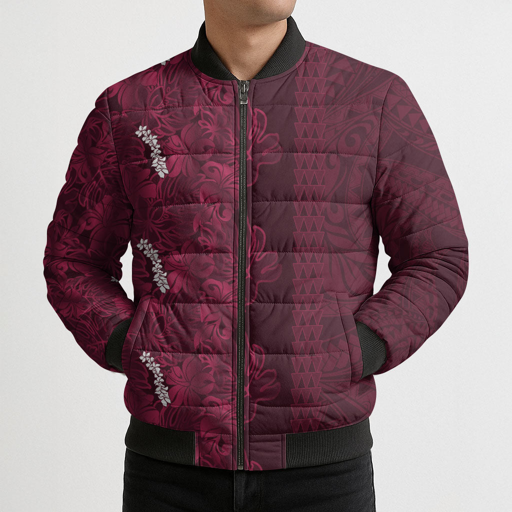 Burgundy Hibiscus Monstera Seamless Kakau Hawaii Bomber Puffer Jacket