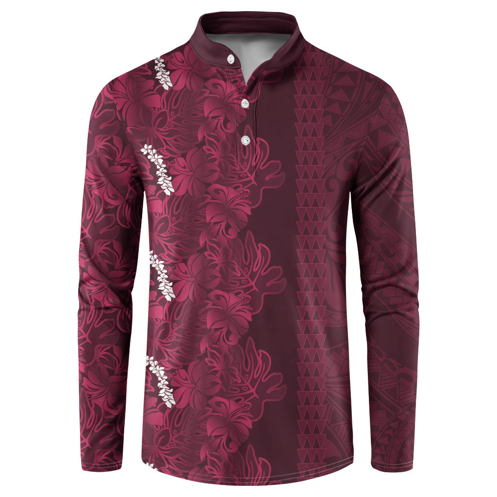 Burgundy Hibiscus Monstera Seamless Kakau Hawaii Button Sweatshirt