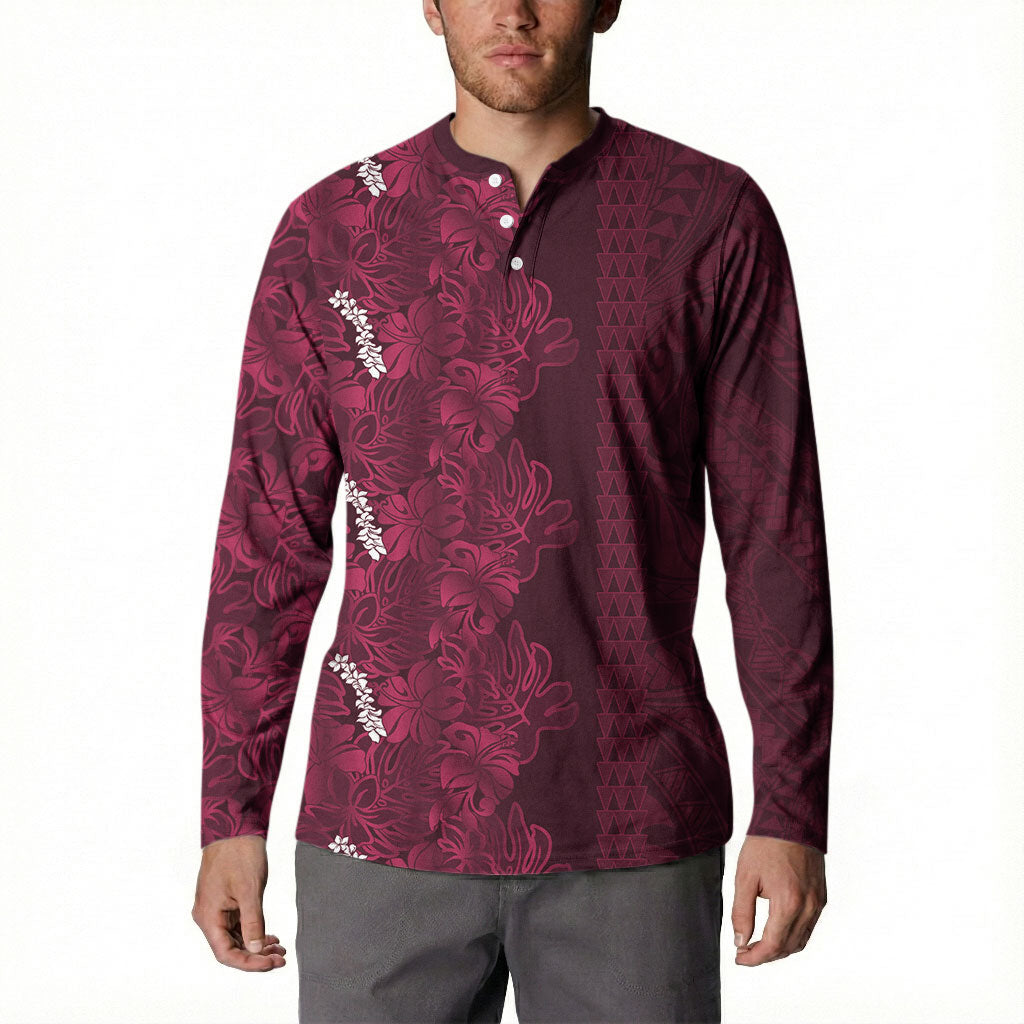 Burgundy Hibiscus Monstera Seamless Kakau Hawaii Button Sweatshirt