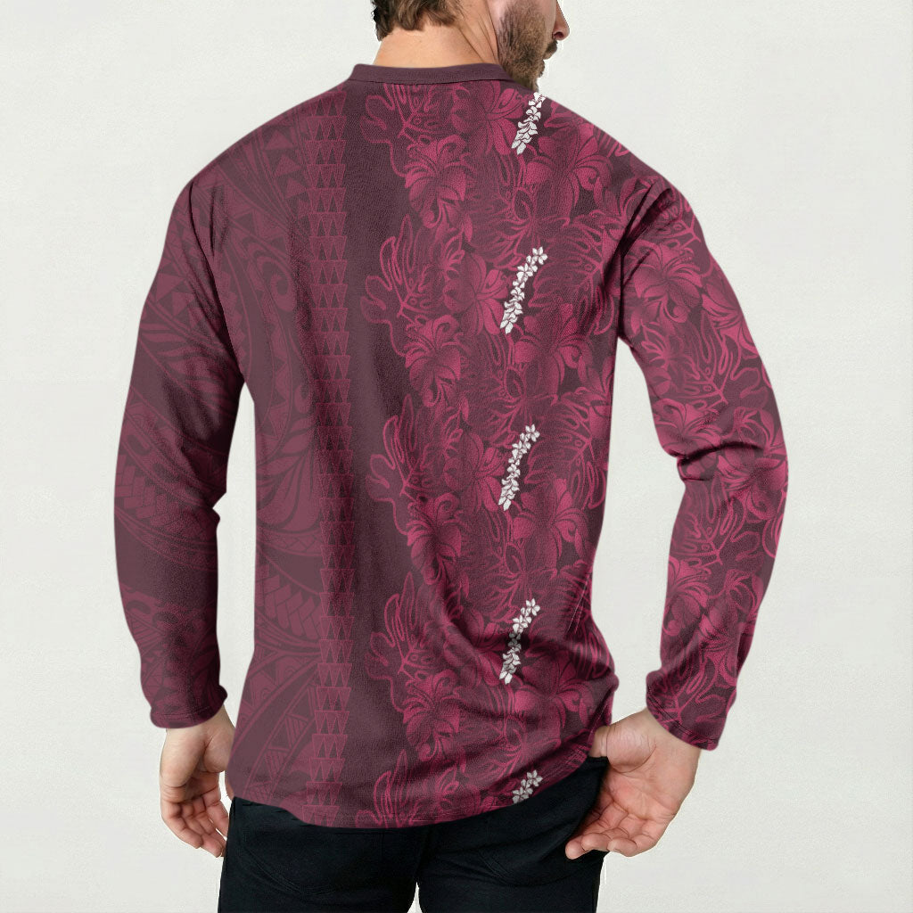 Burgundy Hibiscus Monstera Seamless Kakau Hawaii Button Sweatshirt