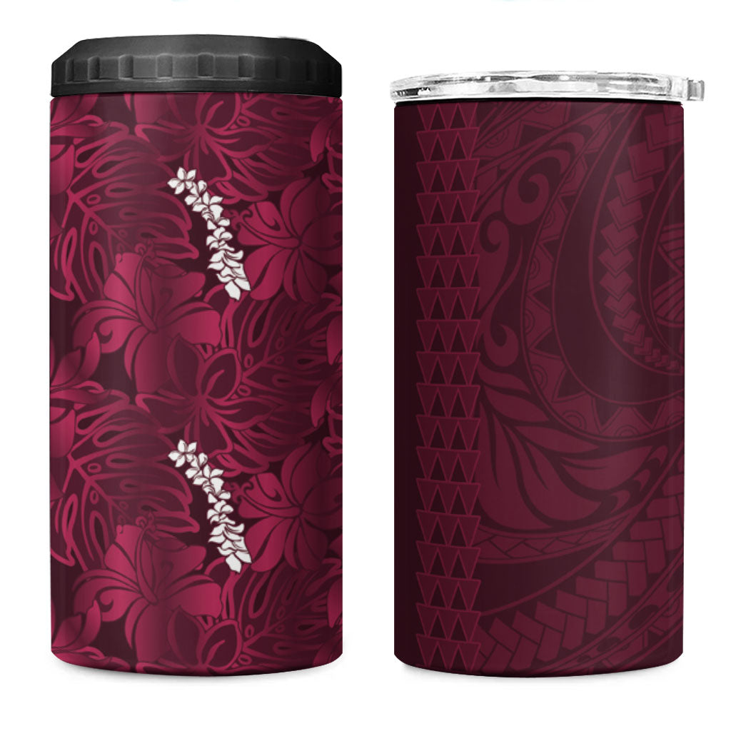 Burgundy Hibiscus Monstera Seamless Kakau Hawaii 4 in 1 Can Cooler Tumbler