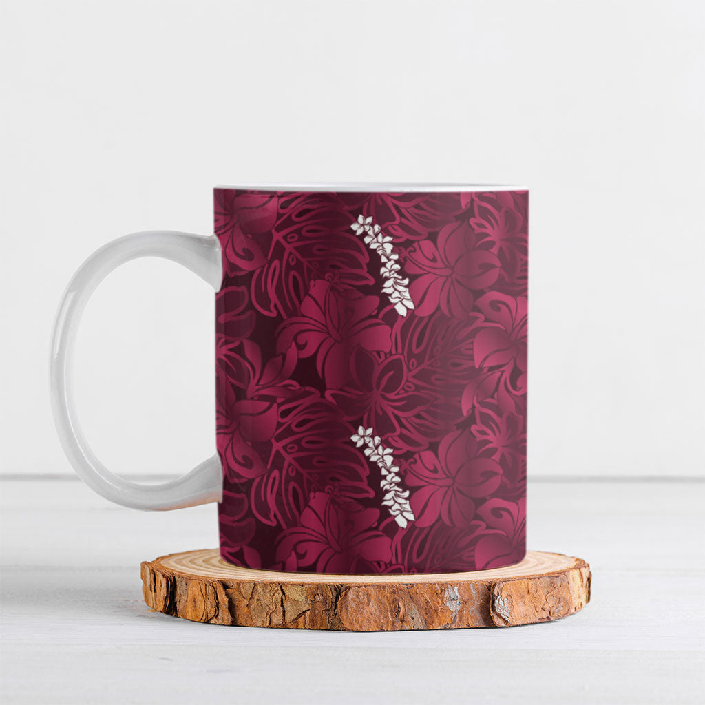 Burgundy Hibiscus Monstera Seamless Kakau Hawaii Ceramic Mug