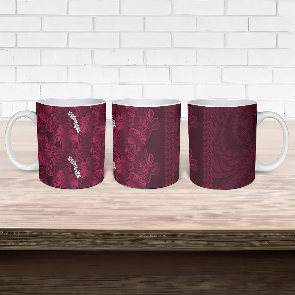 Burgundy Hibiscus Monstera Seamless Kakau Hawaii Ceramic Mug
