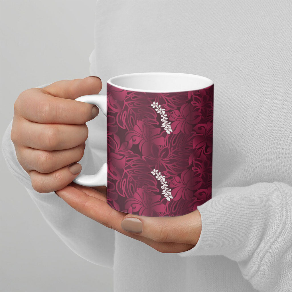Burgundy Hibiscus Monstera Seamless Kakau Hawaii Ceramic Mug