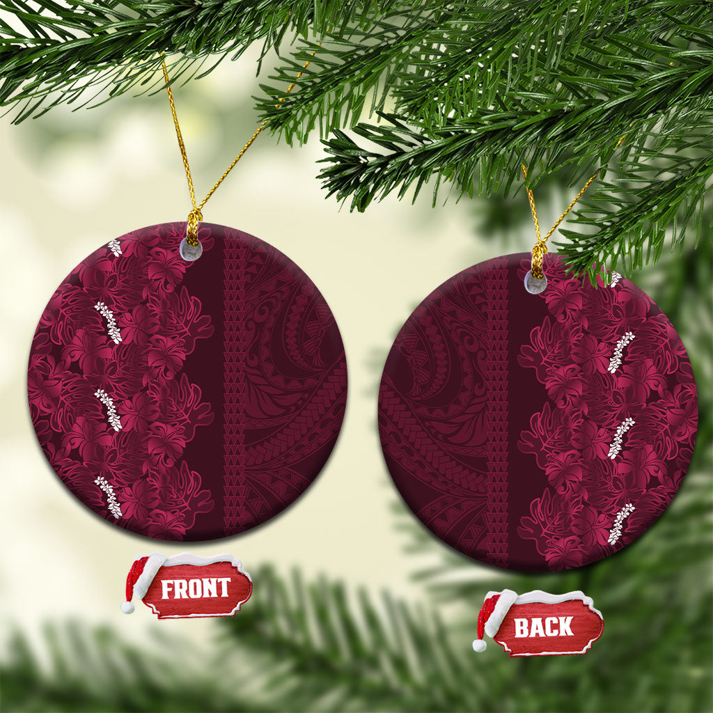 Burgundy Hibiscus Monstera Seamless Kakau Hawaii Ceramic Ornament