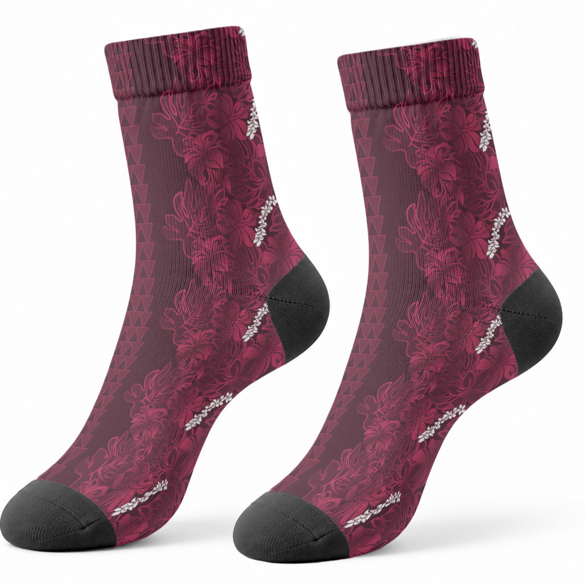 Burgundy Hibiscus Monstera Seamless Kakau Hawaii Crew Socks LT14 - Polynesian Pride