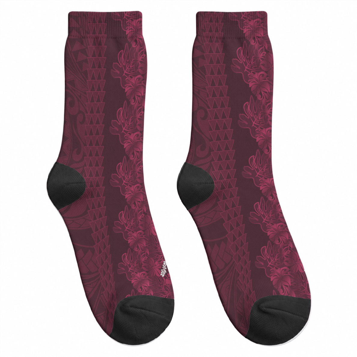 Burgundy Hibiscus Monstera Seamless Kakau Hawaii Crew Socks LT14 - Polynesian Pride