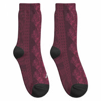 Burgundy Hibiscus Monstera Seamless Kakau Hawaii Crew Socks LT14 - Polynesian Pride