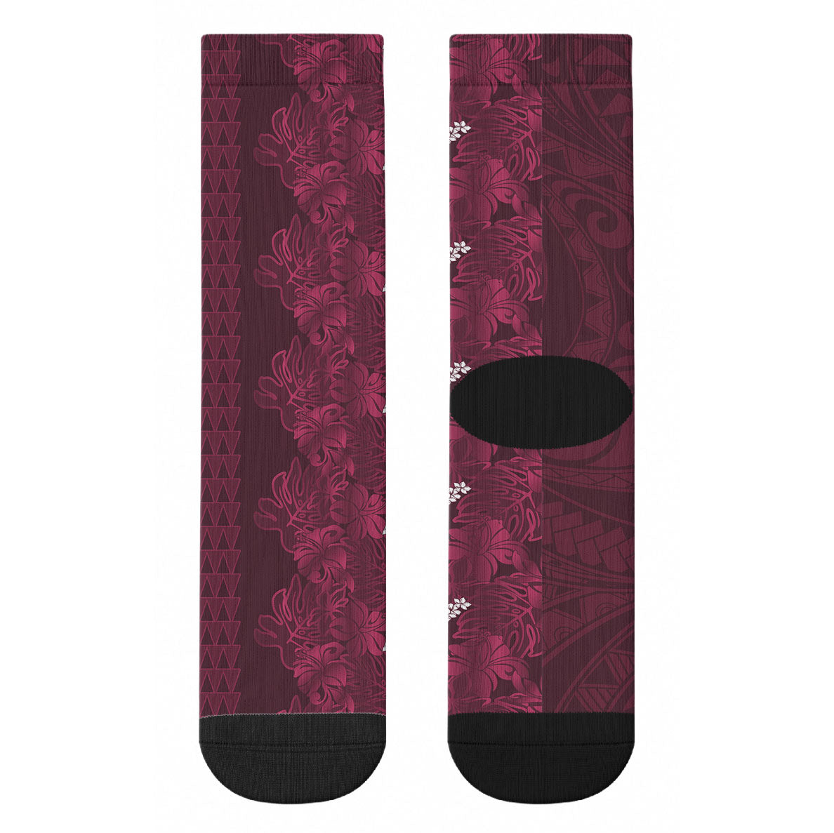 Burgundy Hibiscus Monstera Seamless Kakau Hawaii Crew Socks LT14 - Polynesian Pride