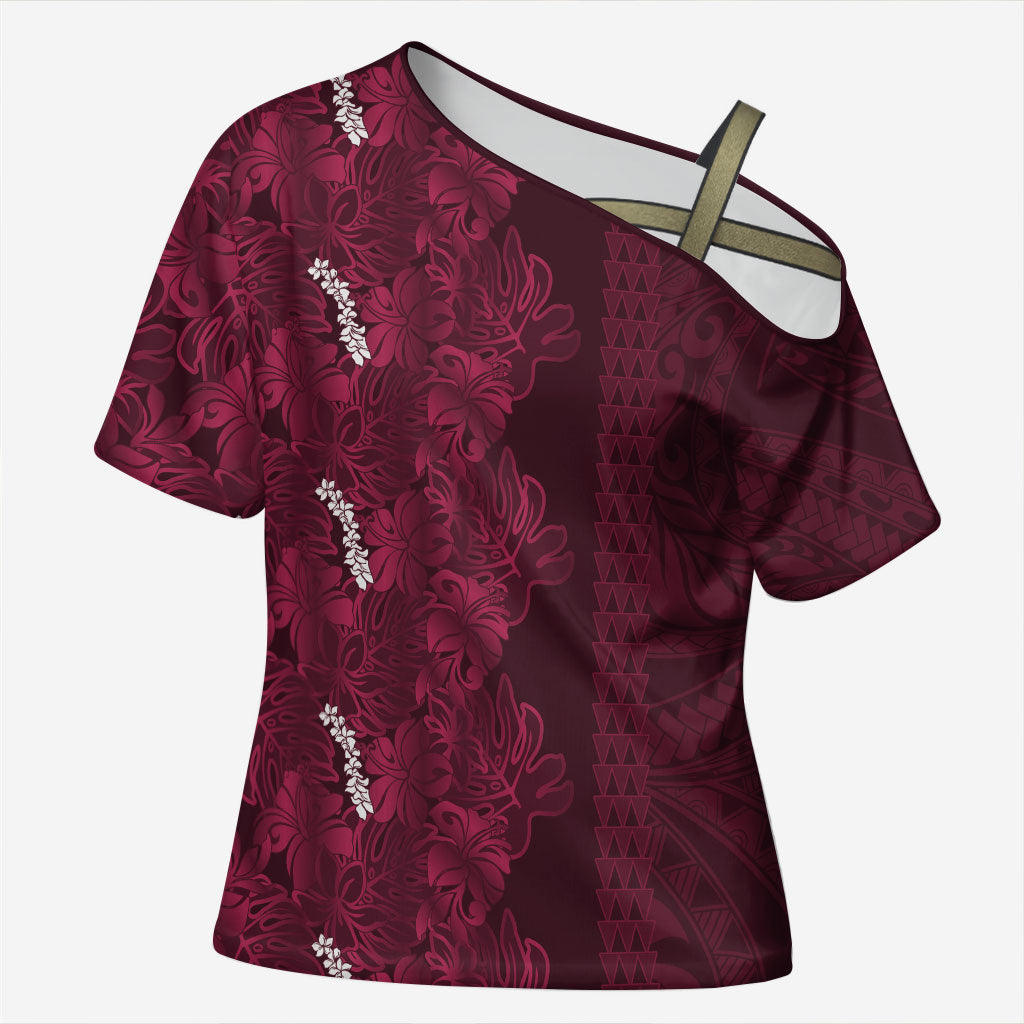 Burgundy Hibiscus Monstera Seamless Kakau Hawaii Cross Shoulder Shirt