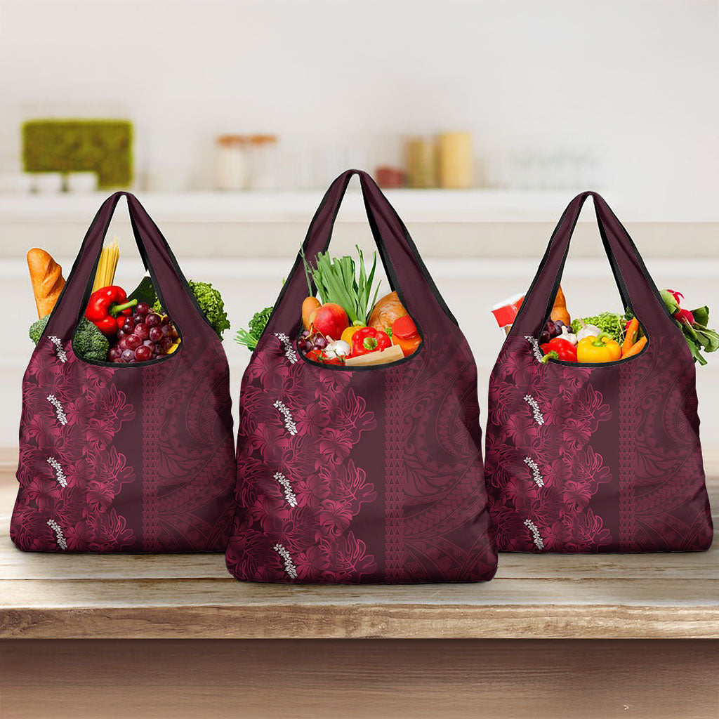 Burgundy Hibiscus Monstera Seamless Kakau Hawaii Grocery Bag LT14 3-pack One Size Burgundy - Polynesian Pride