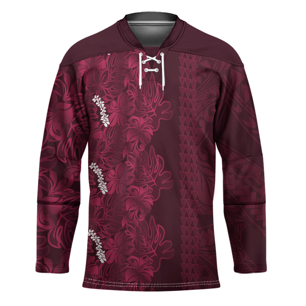 Burgundy Hibiscus Monstera Seamless Kakau Hawaii Hockey Jersey