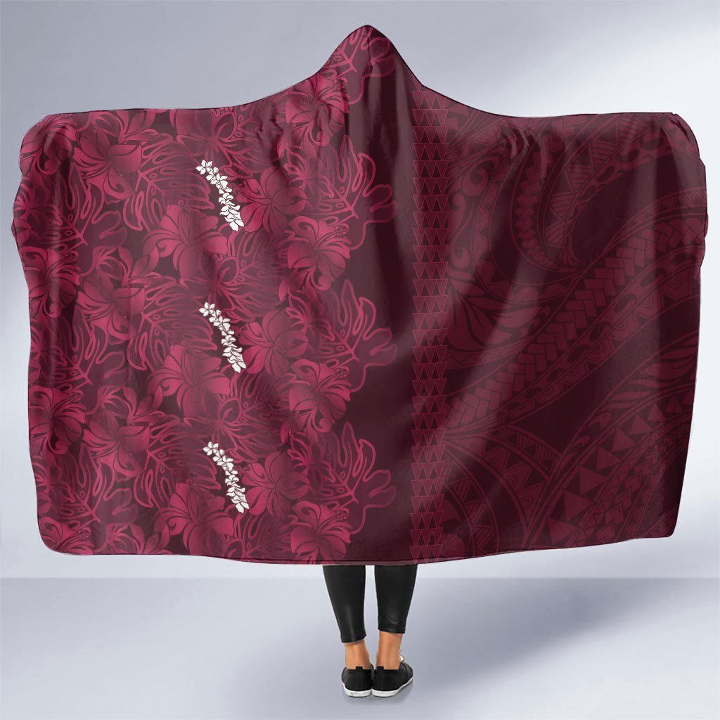 Burgundy Hibiscus Monstera Seamless Kakau Hawaii Hooded Blanket LT14 One Size Burgundy - Polynesian Pride