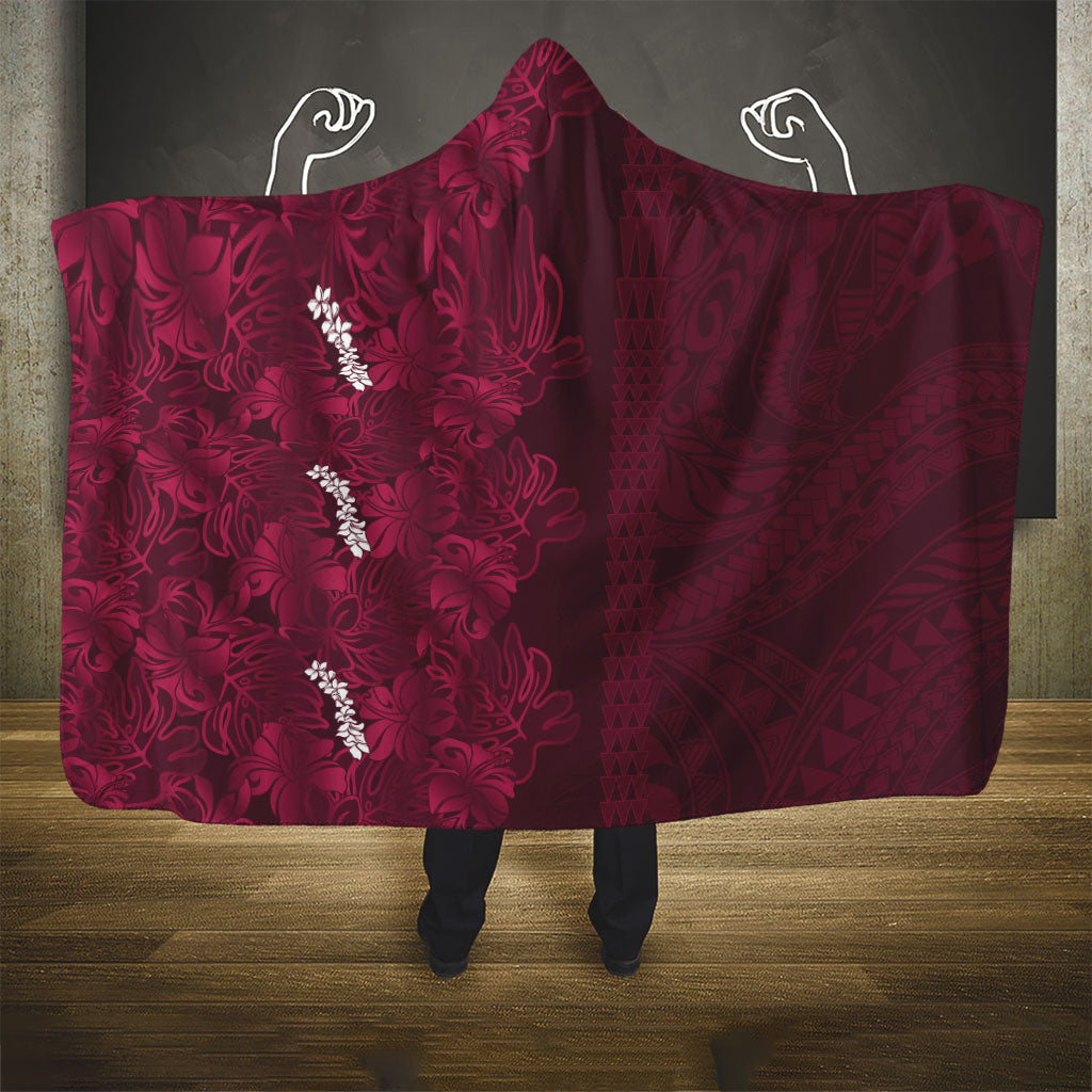 Burgundy Hibiscus Monstera Seamless Kakau Hawaii Hooded Blanket LT14 - Polynesian Pride