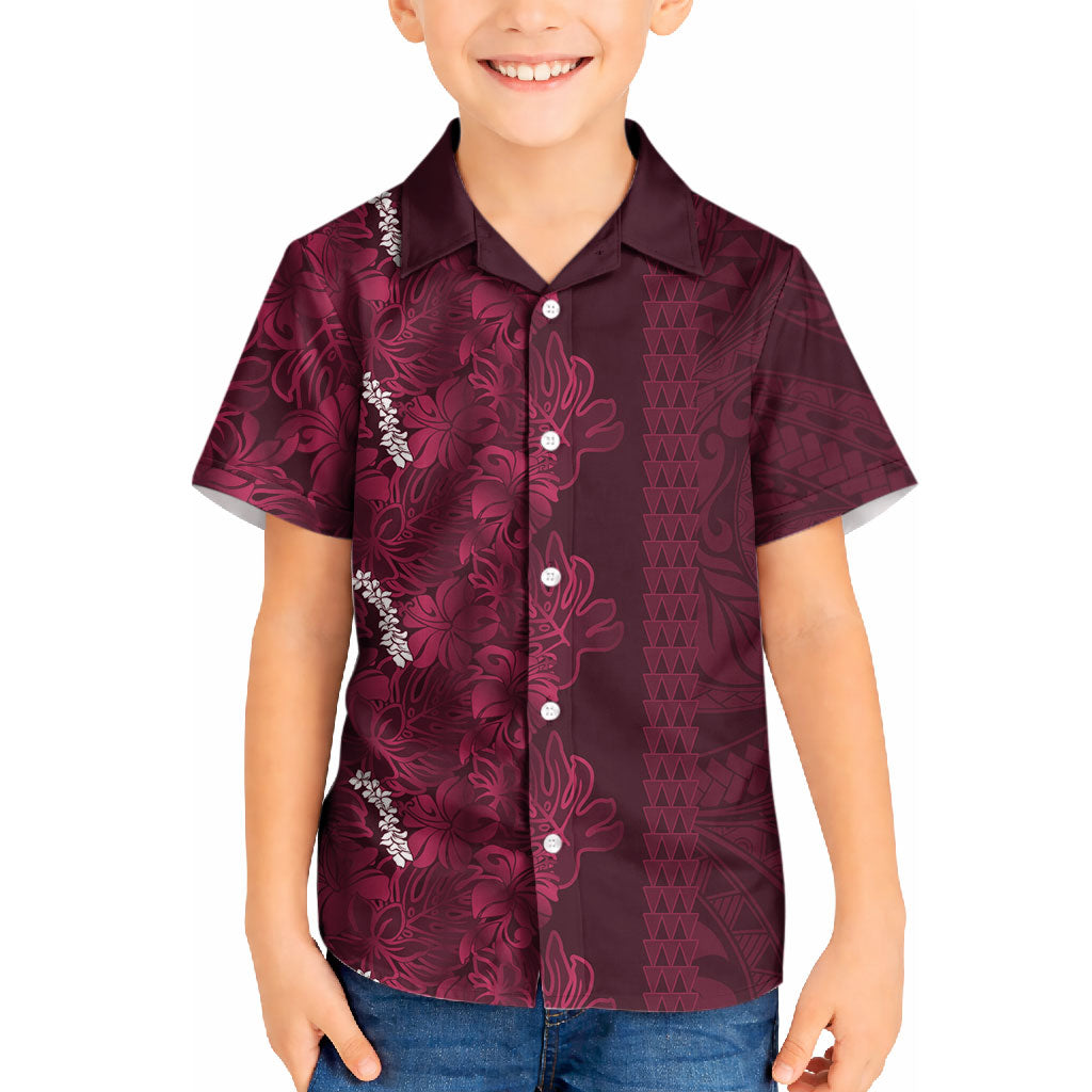 Burgundy Hibiscus Monstera Seamless Kakau Hawaii Kid Hawaiian Shirt