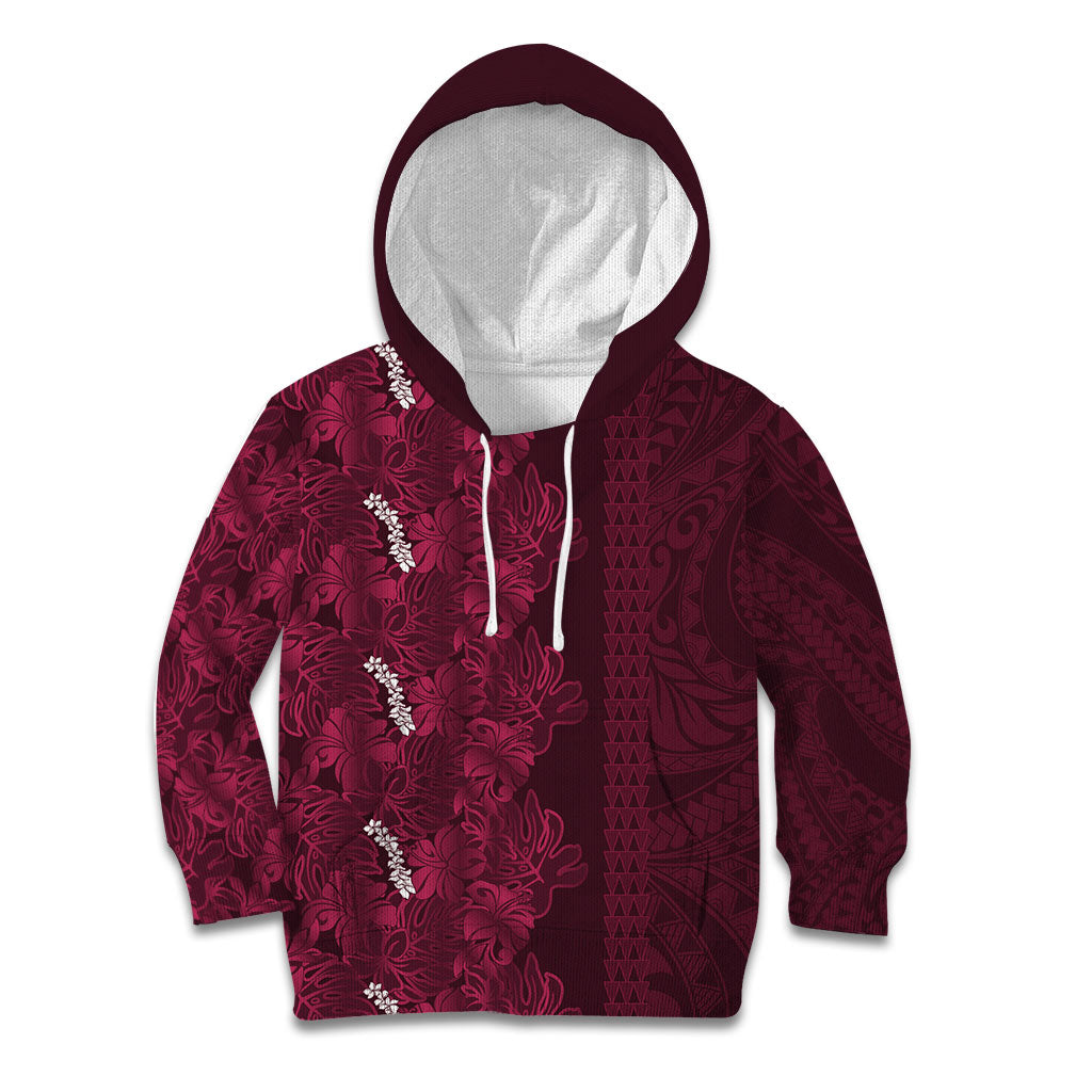 Burgundy Hibiscus Monstera Seamless Kakau Hawaii Kid Hoodie
