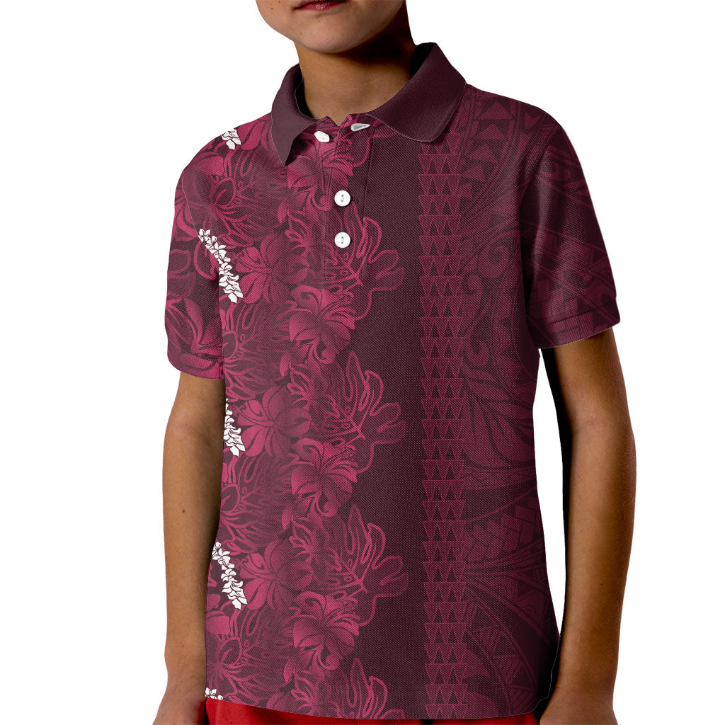 Burgundy Hibiscus Monstera Seamless Kakau Hawaii Kid Polo Shirt