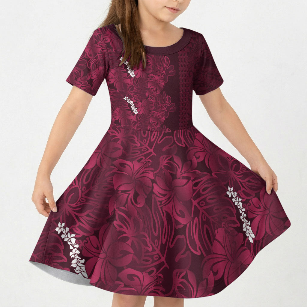 Burgundy Hibiscus Monstera Seamless Kakau Hawaii Kid Short Sleeve Dress