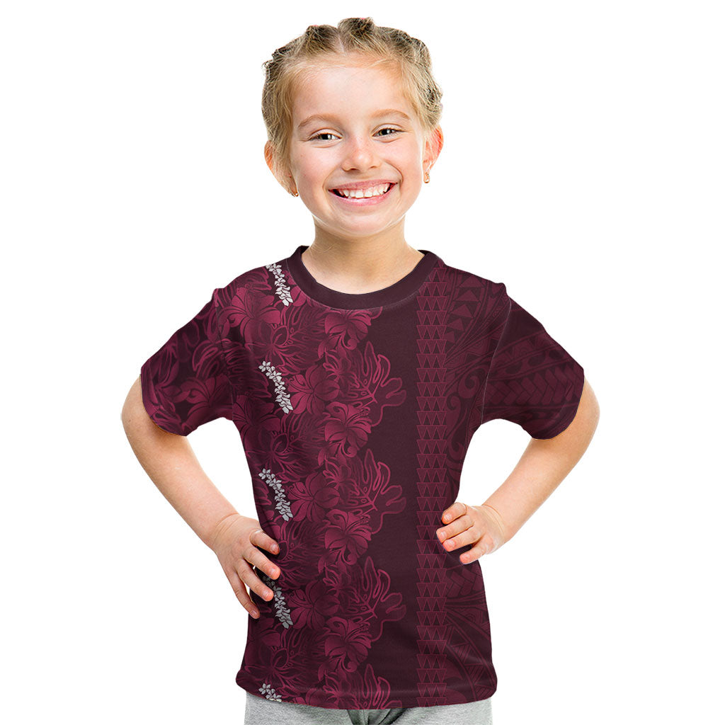 Burgundy Hibiscus Monstera Seamless Kakau Hawaii Kid T Shirt