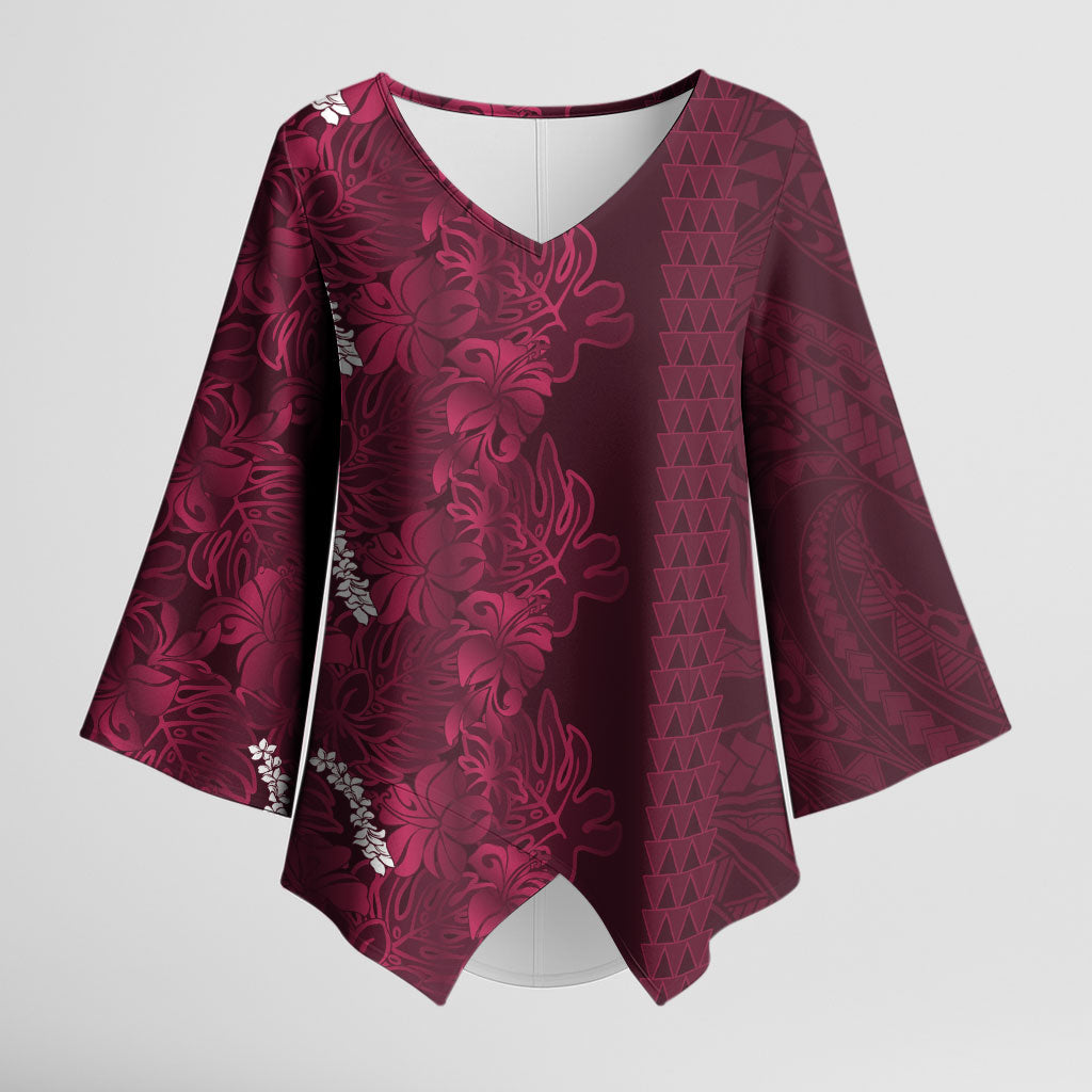 Burgundy Hibiscus Monstera Seamless Kakau Hawaii Kimono Sleeve Blouse