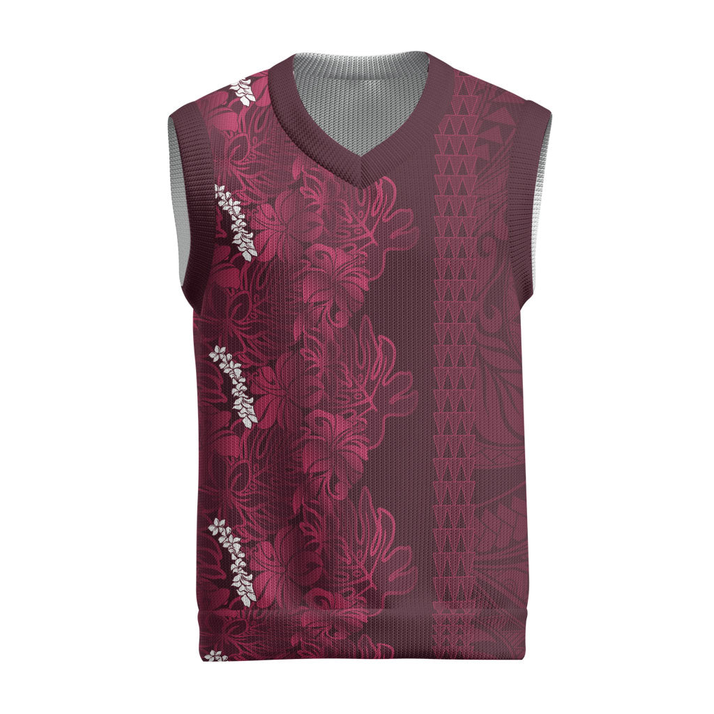 Burgundy Hibiscus Monstera Seamless Kakau Hawaii Christmas Knitted V-Neck Vest