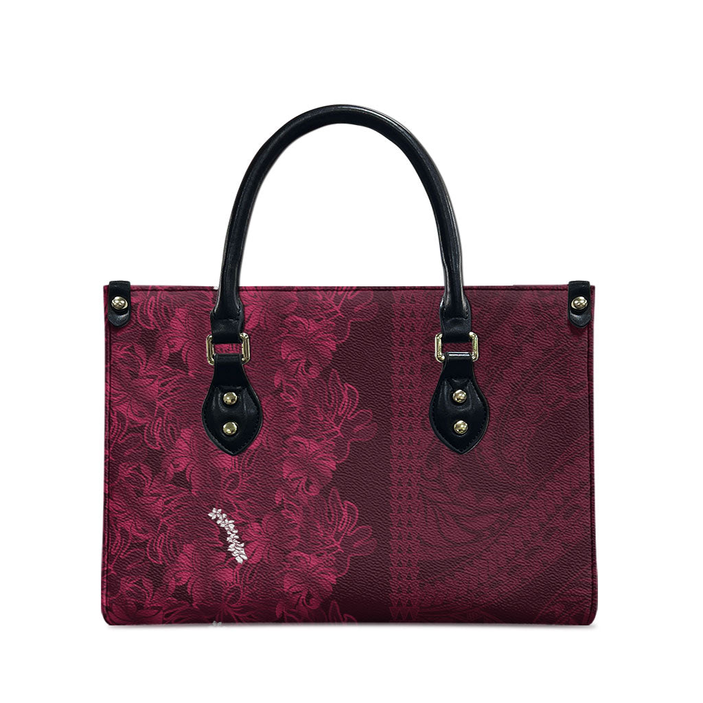 Burgundy Hibiscus Monstera Seamless Kakau Hawaii Leather Bag