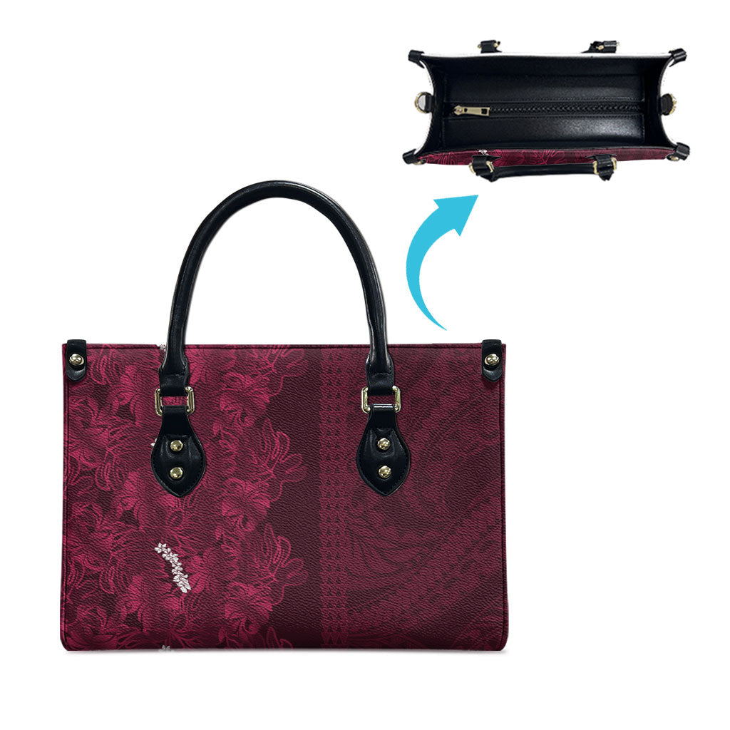 Burgundy Hibiscus Monstera Seamless Kakau Hawaii Leather Bag